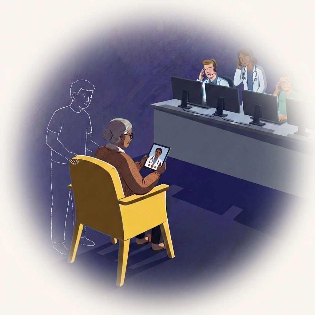 Elderly woman with professional care team support