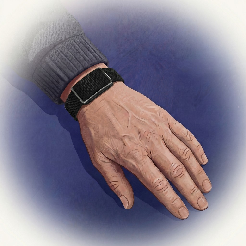 Elderly hand wearing the Sentir band